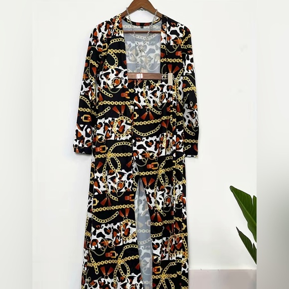 2pc Gold /Black Chain Link Long Sleeve Open Front Cardigan High Waist Pants - Picture 8 of 13